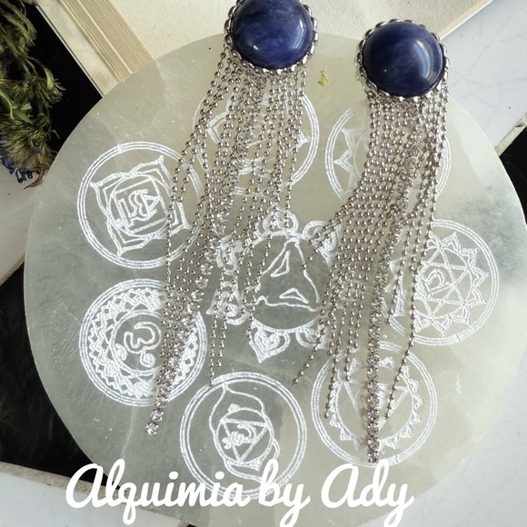 Silver fringe lapis statement earrings - Picture 1 of 1